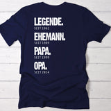 Navyblaues T-Shirt für Papa mit Legende, Ehemann, Papa Spruch und Jahreszahlen personalisiert von Love & Faith