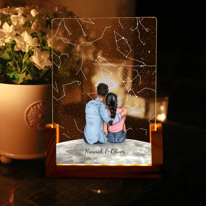 Eckiger LED Aufsteller Sternenhimmel mit Zeichnung und Namen als Geschenkidee zum Jahrestag von Love & Faith
