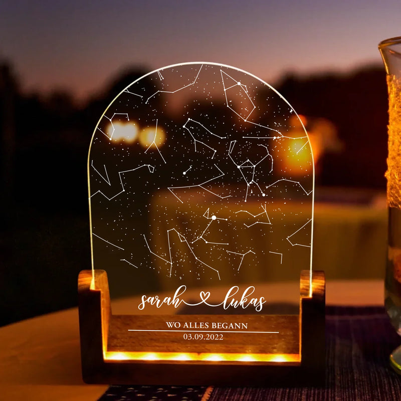 Runder LED Aufsteller Sternenhimmel mit Namen als Geschenkidee zum Jahrestag von Love & Faith