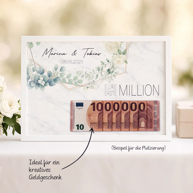 Eure erste Million Poster als Hochzeitsgeschenk mit Geldidee personalisiert mit Namen und Hochzeitsdatum des Brautpaares zum Verschenken personalisiert von Love & Faith 