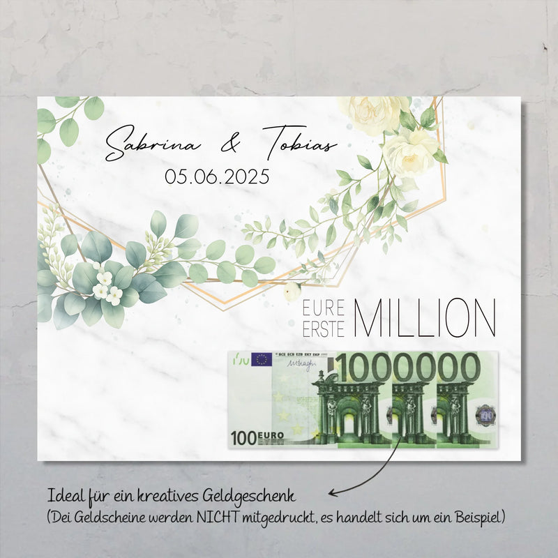 Eure erste Million Poster als Hochzeitsgeschenk mit Geldidee personalisiert mit Namen und Hochzeitsdatum des Brautpaares zum Verschenken personalisiert von Love & Faith 