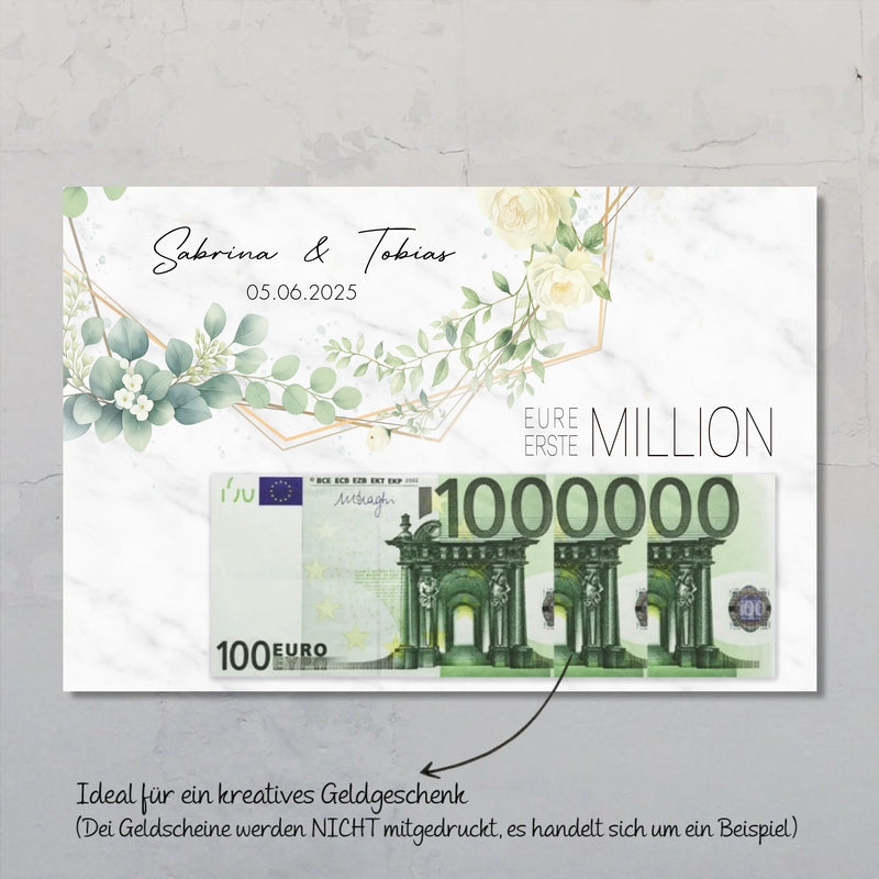 Eure erste Million Poster als Geldgeschenk zur Hochzeit personalisiert mit Namen und Hochzeitsdatum des Brautpaares zum Verschenken personalisiert von Love & Faith 