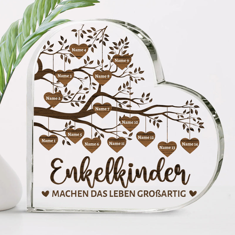 Personalisierbares bedrucktes Acrylherz mit Namen von Kindern und Enkelkindern im rustikalen Stil gefertigt von Love & Faith