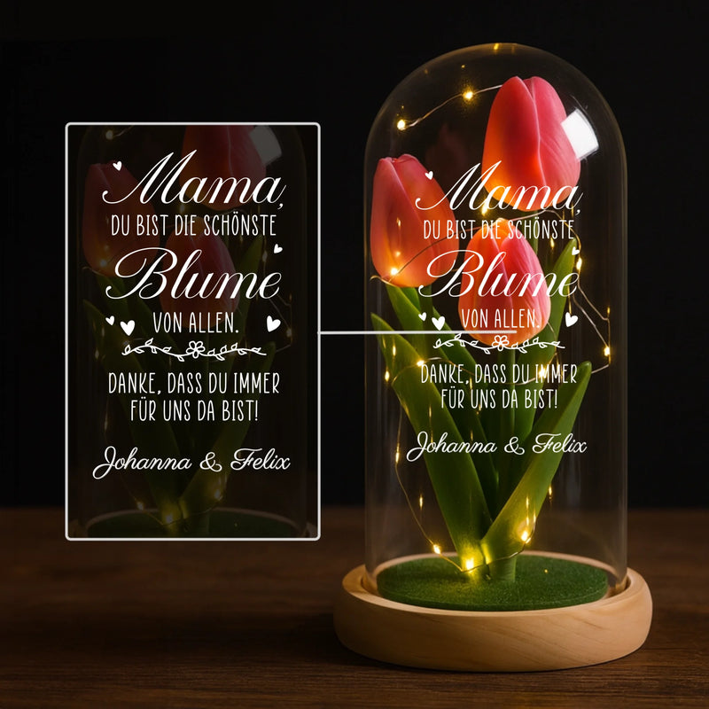Personalisierte Ewige Tulpe in der Glaskuppel für "Mama, die schönste Blume der Welt" mit Namen zum Muttertag von Love & Faith