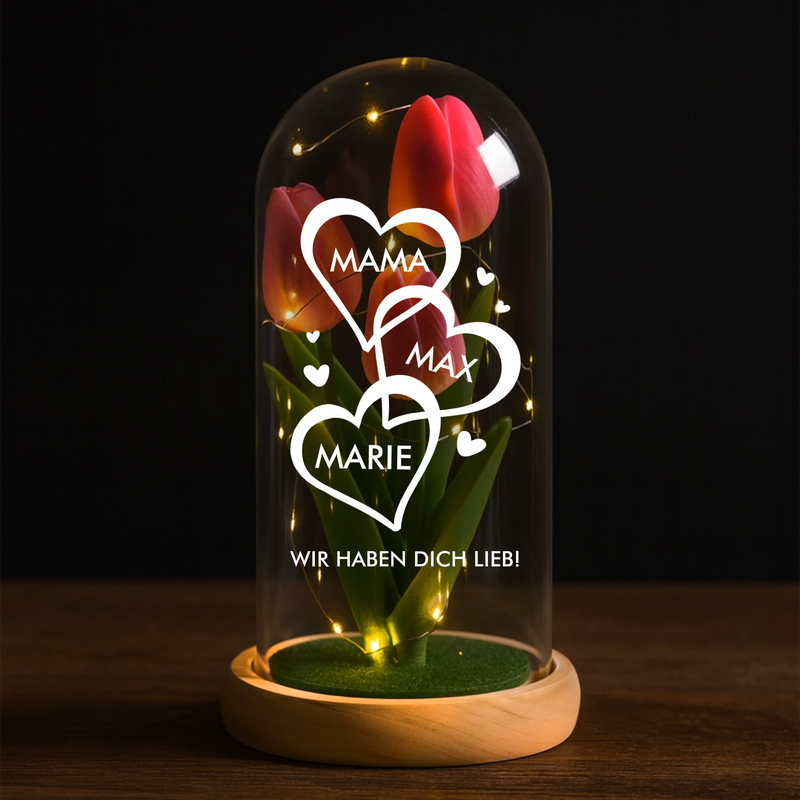 Ewige Tulpe im Glas LED Deko mit gedruckten Herzen mit Namen - personalisierte Geschenkidee von Love & Faith