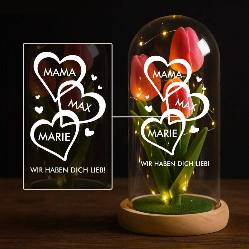 Ewige Tulpe im Glas LED Deko mit gedruckten Herzen mit Namen - personalisierte Geschenkidee von Love & Faith