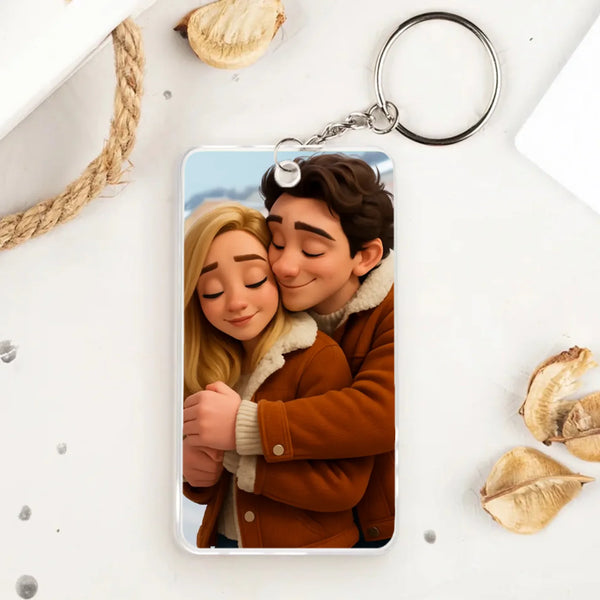 Personalisierter transparenter Acrylschlüsselanhänger 5,4cm x 8,6cm mit Cartoon aus eigenem Foto gefertigt von Love & Faith