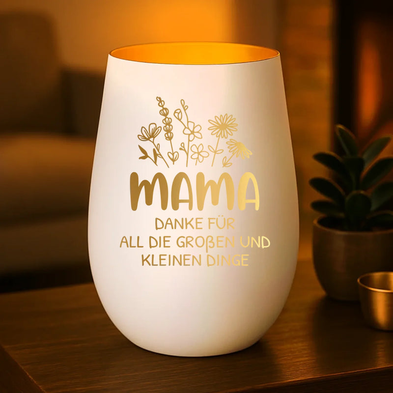 weiß gold Windlicht graviert mit Danke Mama und Kindernamen personalisiert von Love & Faith