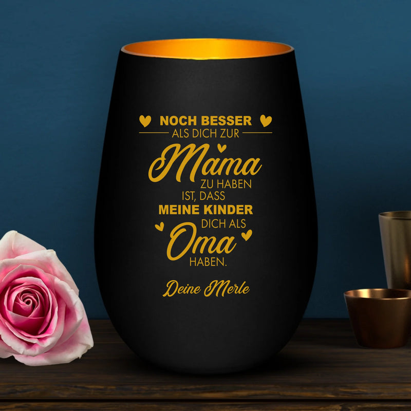 Personalisiertes schwarzes Windlicht mit golden graviertem Design - gefertigt von Love & Faith