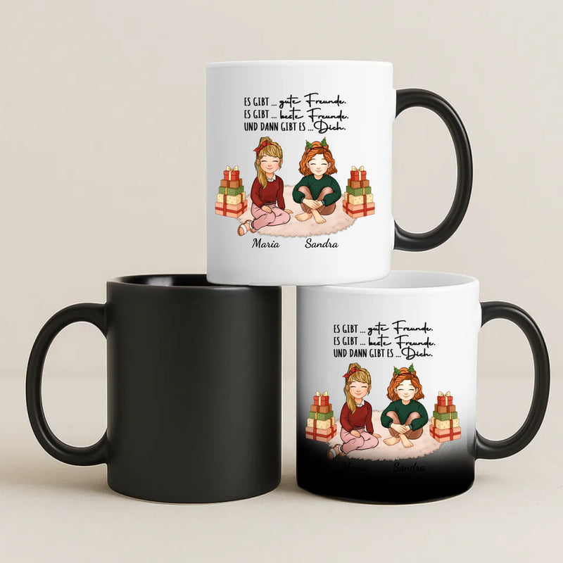 Thermoaktiv Weihnachtstasse mit Freundinnen-Illustration für Glühwein zur Weihnachtsfeier als Geschenk von Love & Faith