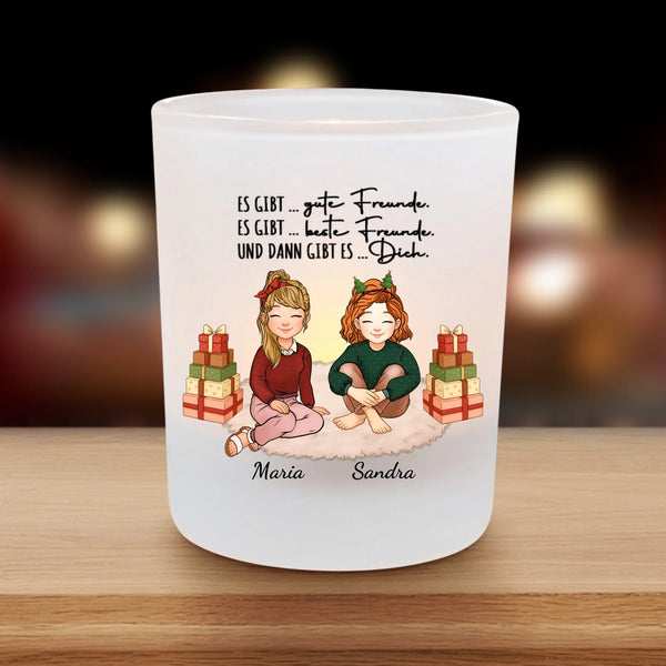 Personalisierter Teelichthalter 8x7cm für Freundinnen zu Weihnachten mit Illustration von Love & Faith