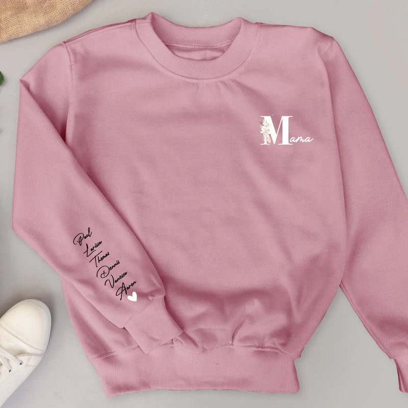 Rosa Sweater für Mama mit Kindernamen personalisierte Geschenkidee zum Muttertag von Love & Faith