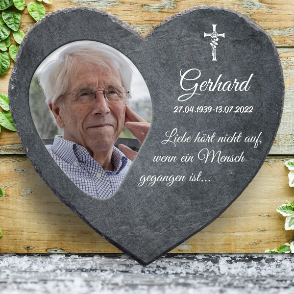 Personalisiertes Schieferherz als Andenken an geliebte Verstorbene mit Foto von Love & Faith