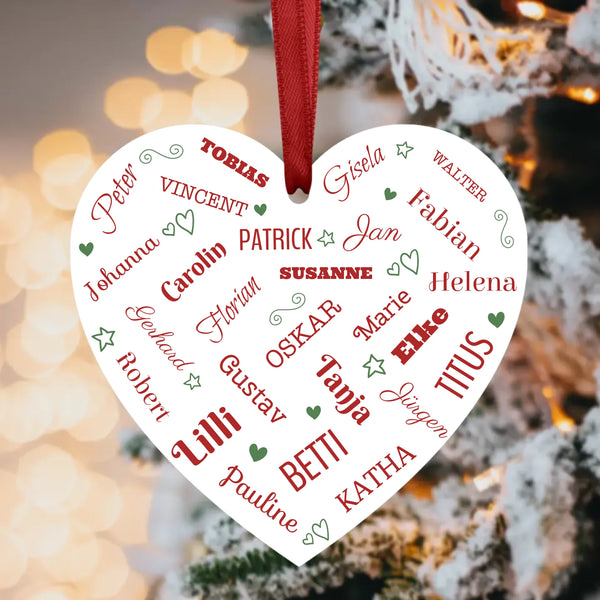Personalisierter Weihnachtsbaumschmuck bis 26Namen in Herzform gedruckt von Love & Faith