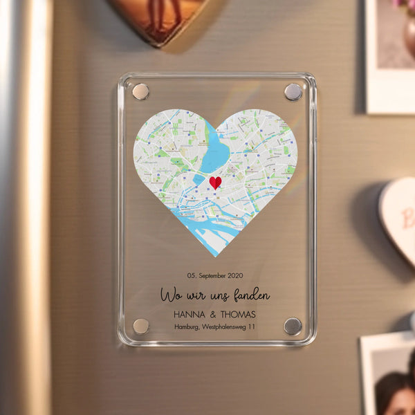 Acrylmagnet mit Paar Treffpunkt und Jahrestag personalisiert von Love & Faith