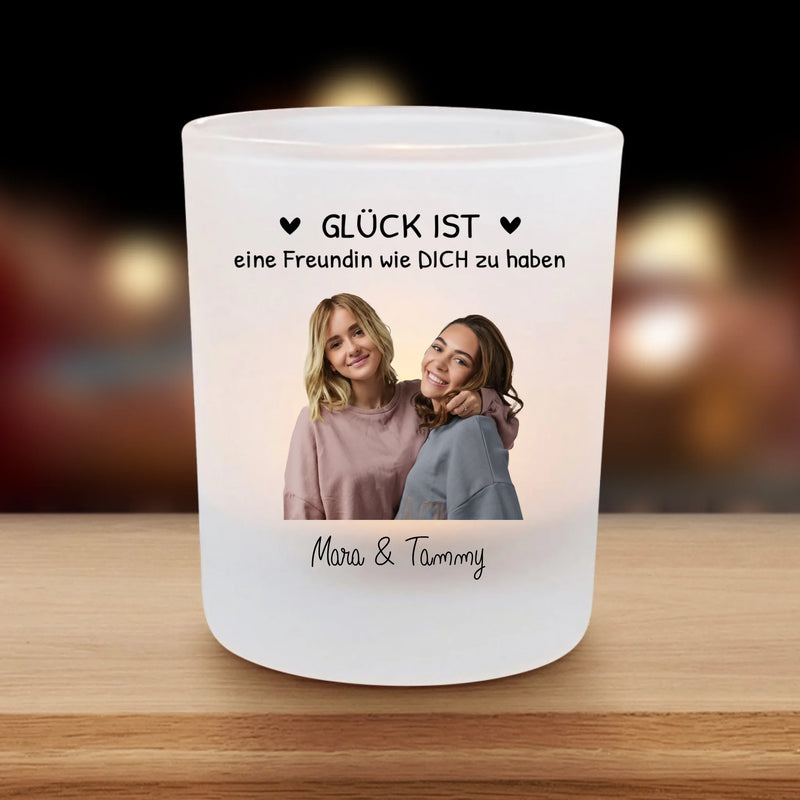 Personalisierter Teelichthalter für Freundinnen mit mit Foto-Upload und Spruch von Love & Faith