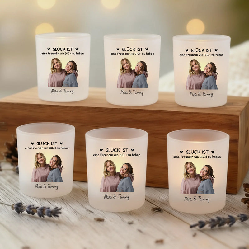 Personalisierter Teelichthalter für Freundinnen mit mit Foto-Upload und Spruch von Love & Faith
