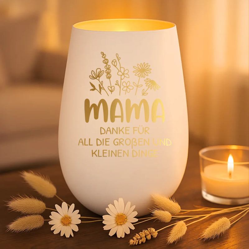 weiß gold Windlicht graviert mit Danke Mama und Kindernamen personalisiert von Love & Faith