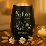 schwarz silber Windlicht persönlich graviert mit "Schön, dass es dich gibt" und Name personalisiert von Love & Faith