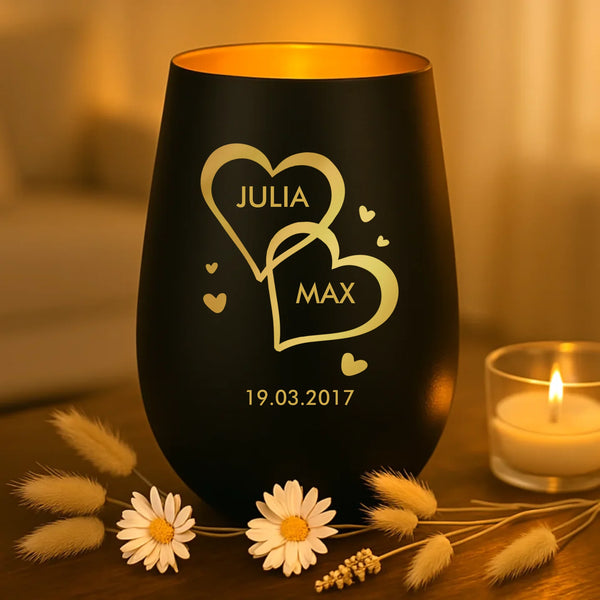 Personalisiertes Windlicht für Paare mit verschiedenen Motiven schwarz-gold von Love & Faith