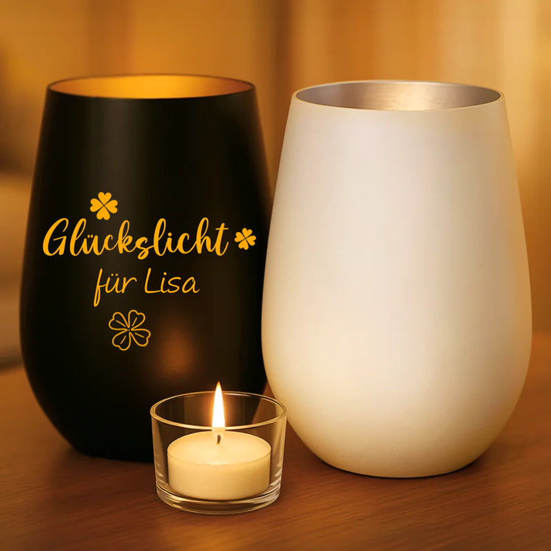 2 Windlichter mit personalisierter "Glückslicht" Gravur mit Namen gefertigt von Love & Faith