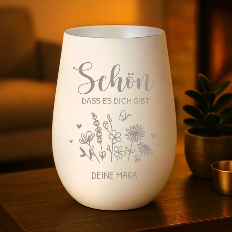 weiß silber Windlicht persönlich graviert mit "Schön, dass es dich gibt" und Name personalisiert von Love & Faith