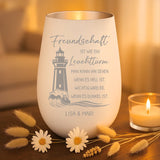 Graviertes Freundschafts-Windlicht weiß-silber mit Leuchtturm und Namen von Love & Faith