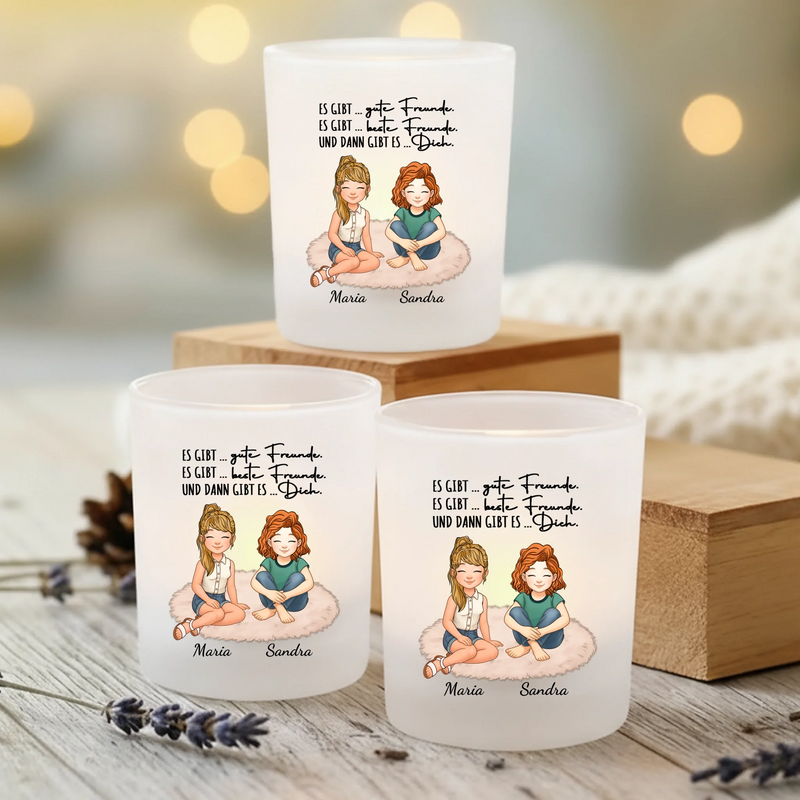Personalisierter Teelichthalter für Freundinnen mit Clipart und Namen von Love & Faith