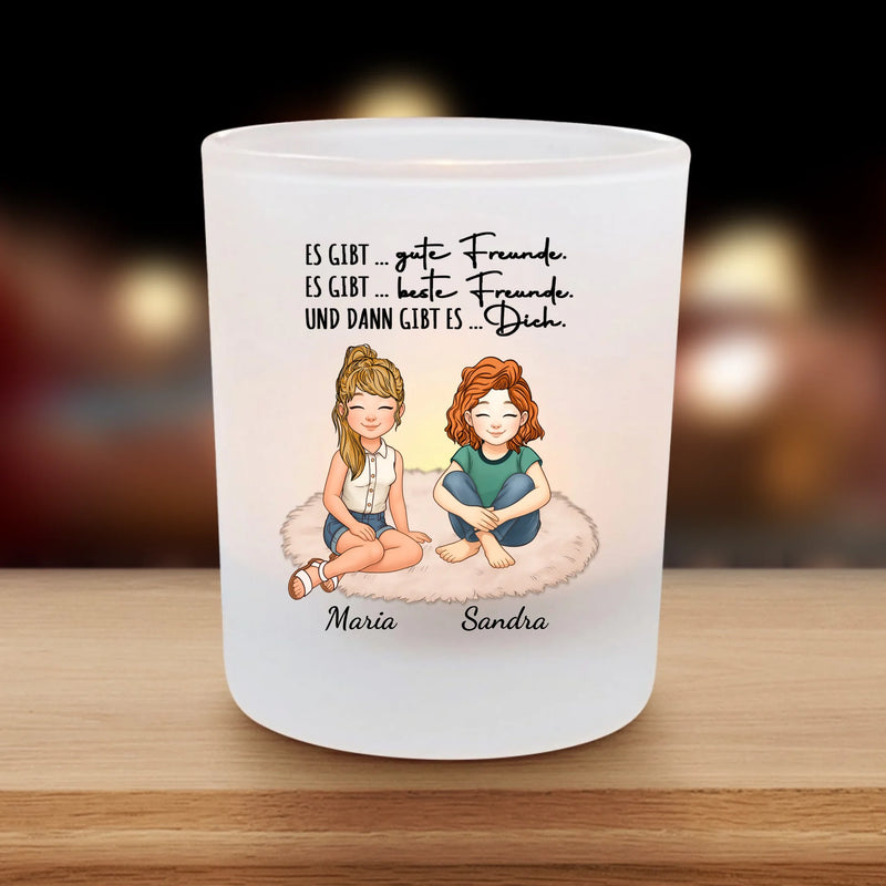 Personalisierter Teelichthalter für Freundinnen mit Clipart und Namen von Love & Faith