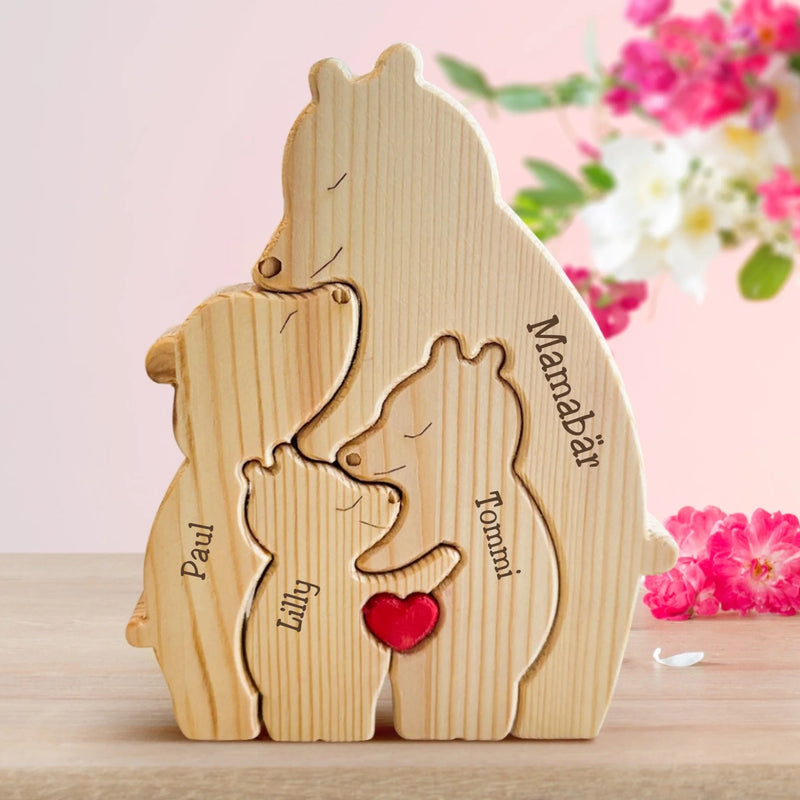 Personalisierte Holzbärenfamilien Puzzle Mutter und 3 Kinder zum Aufstellen mit Gravur von Love & Faith