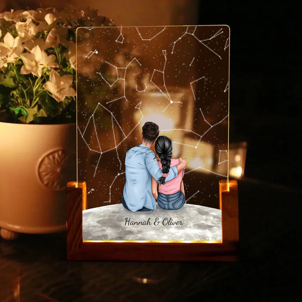 Eckiger LED Aufsteller Sternenhimmel mit Zeichnung und Namen als Geschenkidee zum Jahrestag von Love & Faith