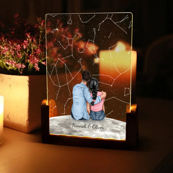 Eckiger LED Aufsteller Sternenhimmel mit Zeichnung und Namen als Geschenkidee zum Jahrestag von Love & Faith