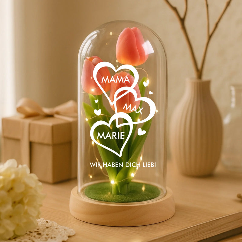 Ewige Tulpe im Glas LED Deko mit gedruckten Herzen mit Namen - personalisierte Geschenkidee von Love & Faith