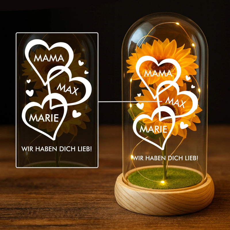 Ewige Sonnenblume im Glas LED Deko mit gedruckten Herzen mit Namen - personalisierte Geschenkidee von Love & Faith
