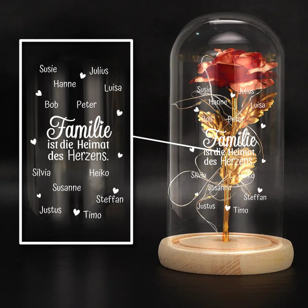 Ewige Rose "Familie ist die Heimat des Herzens" bis 13 Namen graviert  auf die Glaskuppel mit LED Licht personalisiert als Geschenk für Familie von Love & Faith