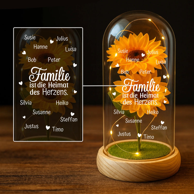 Ewige Sonnenblume "Familie ist die Heimat des Herzens" bis 13 Namen graviert  auf die Glaskuppel mit LED Licht personalisiert als Geschenk für Familie von Love & Faith