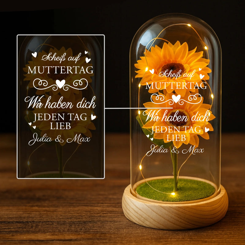 Ewige Sonnenblume in der Glaskuppel mit LED Licht personalisiert mit Namen zum Muttertag von Love & Faith