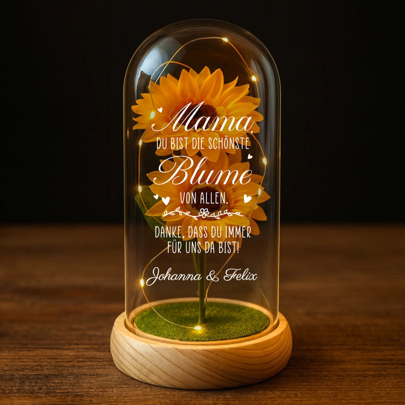 Personalisierte Ewige Sonnenblume in der Glaskuppel für "Mama, die schönste Blume der Welt" mit Namen zum Muttertag von Love & Faith