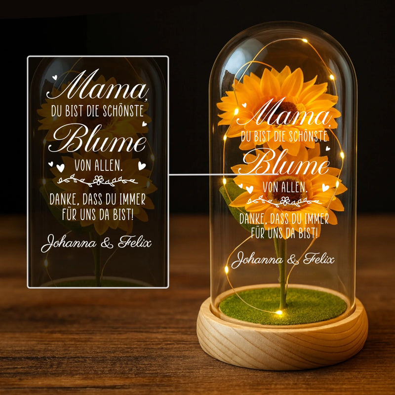 Personalisierte Ewige Sonnenblume in der Glaskuppel für "Mama, die schönste Blume der Welt" mit Namen zum Muttertag von Love & Faith