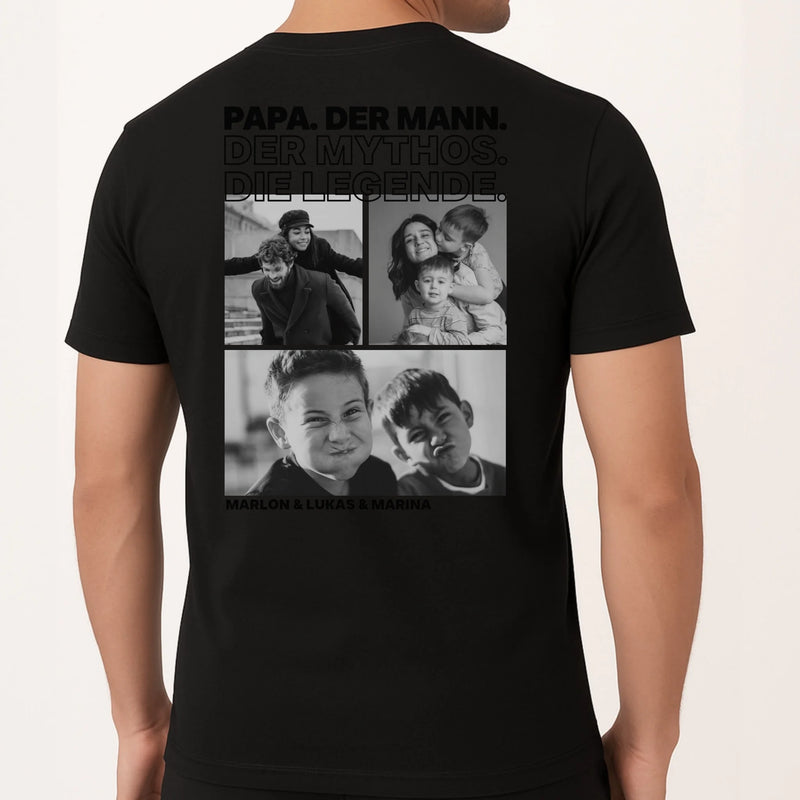 Schwarzes T-Shirt mit Backprint für Papa mit Spruch und eigenen Fotos personalisieren mit Love & Faith