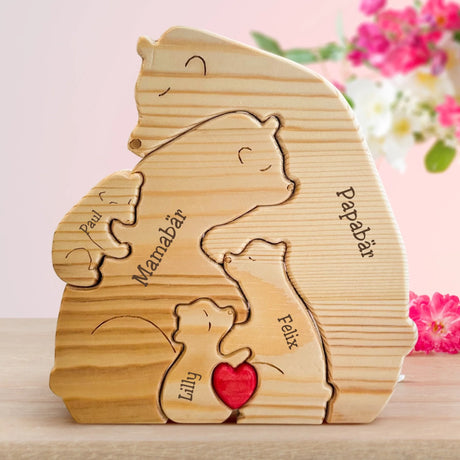 Personalisierte Holzbärenfamilien Puzzle Mutter, Vater, 3 Kinder zum Aufstellen mit Gravur von Love & Faith