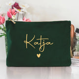 Personalisierte Samt smaragdgrün Kosmetiktasche für MakeUp und Kosmetika mit Namen von Love & Faith