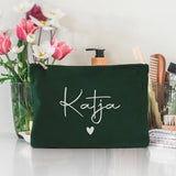 Personalisierte Samt grün silber Kosmetiktasche für MakeUp und Kosmetika mit Namen von Love & Faith