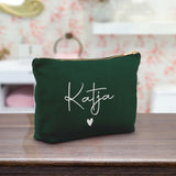 Personalisierte Samt grün silber Kosmetiktasche für MakeUp und Kosmetika mit Namen von Love & Faith