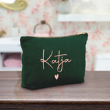 Personalisierte Samt Kosmetiktasche smaragdgrün rosemetallic zum selbst gestalten mit Namen mit Love & Faith