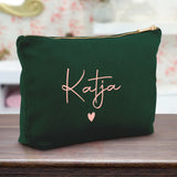 Personalisierte Samt Kosmetiktasche smaragdgrün rosemetallic zum selbst gestalten mit Namen mit Love & Faith