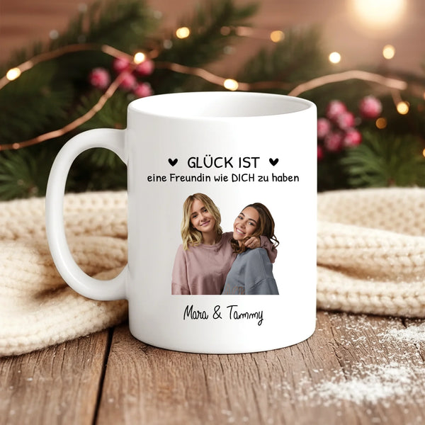 Weiße Fototasse individuell gestalten für Freundinnen Geschenk mit Love & Faith