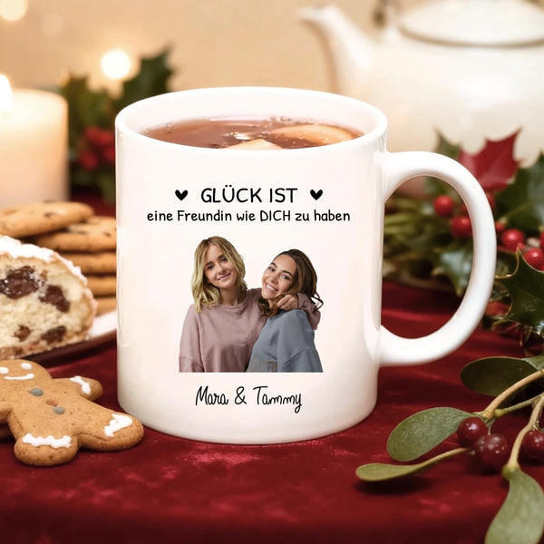 Weiße Fototasse individuell gestalten für Freundinnen Geschenk mit Love & Faith