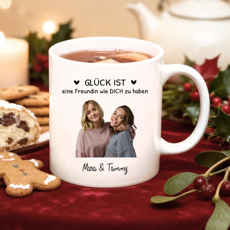 Weiße Fototasse individuell gestalten für Freundinnen Geschenk mit Love & Faith