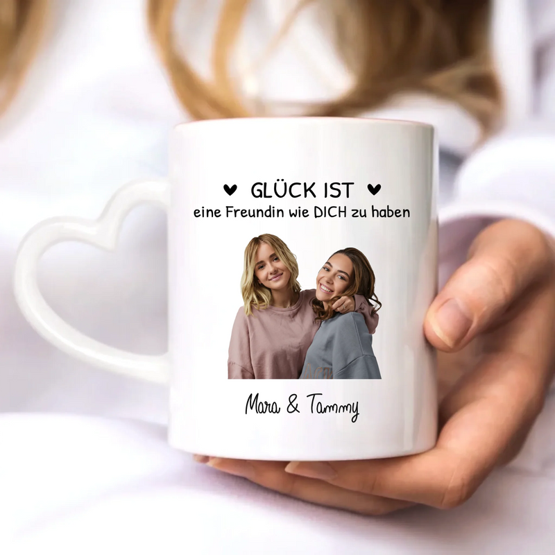 Weiße Fototasse individuell gestalten für Freundinnen Geschenk mit Love & Faith